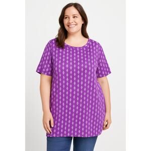 2/$30 Woman Within Plus Diamond Print Tunic Tee 18/20 Purple Geometric Top